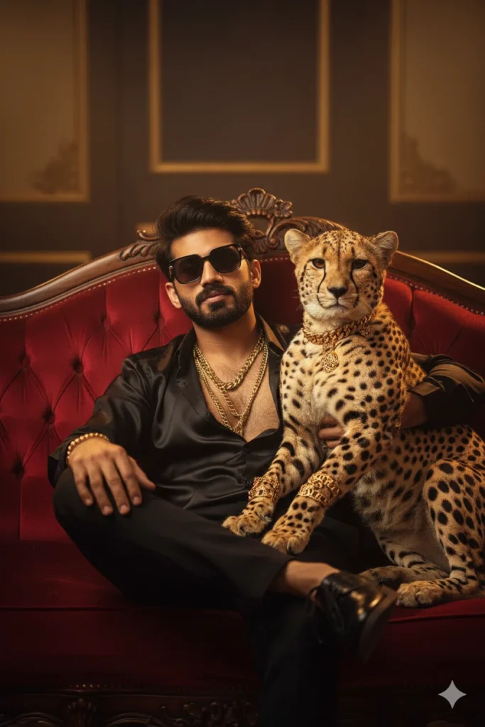 Cheetah on sofa with man sitting