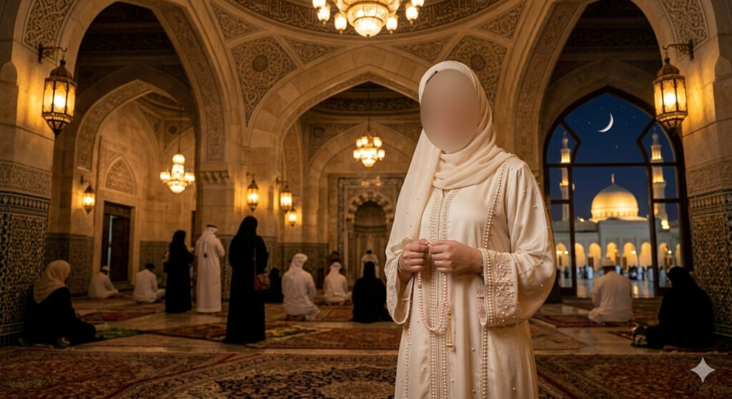 Woman in ivory abaya inside illuminated mosque at night