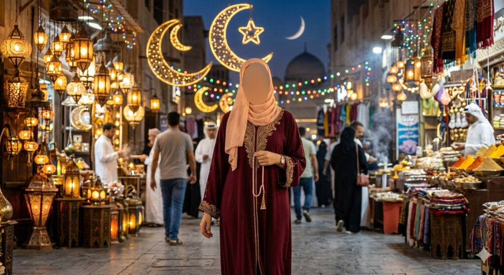 Woman in maroon abaya walking through Ramadan night market