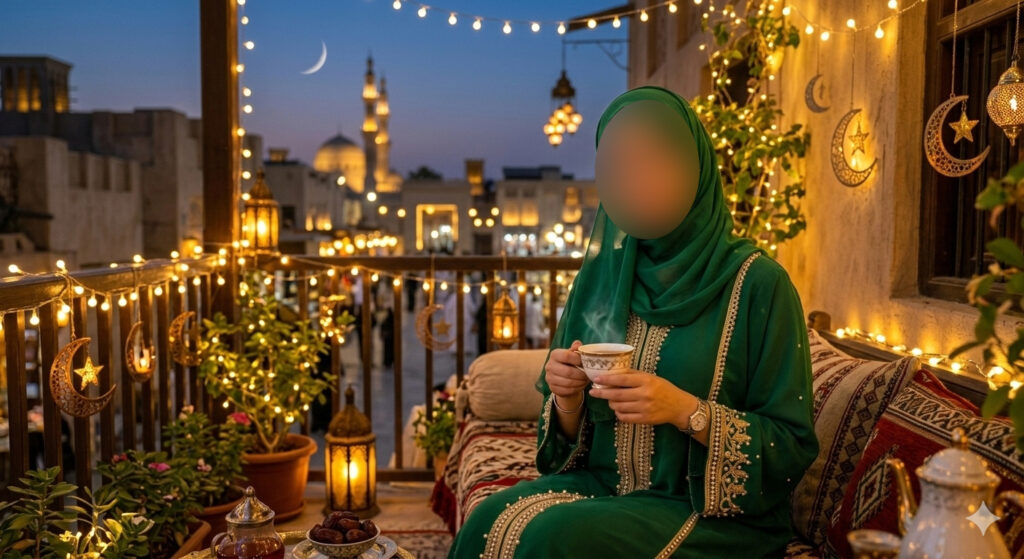 Woman in emerald green hijab sitting on balcony with fairy lights