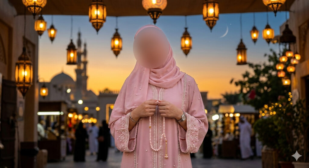 Woman in emerald green hijab sitting on balcony with fairy lights