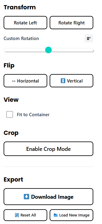Vinlyeepr image editor setting pannel showing image flip options, image crop opptions , image download option, Image rotate and transform options.