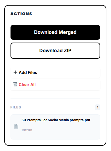 merge and split pdf action pannel showing download buttons and other options to add more file or delete files