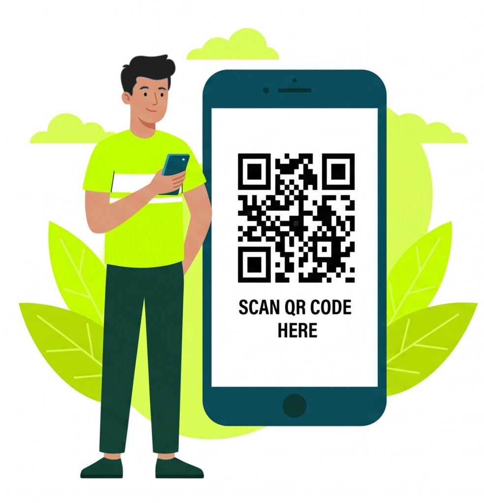 A man standing with a mobile which have a QR code.