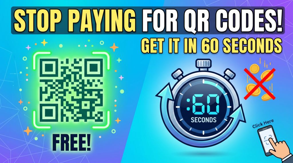 A thumbnail image promotes the creation of free QR codes. The main headline states 'STOP PAYING FOR QR CODES! GET IT IN 60 SECONDS'. Key visuals include a large green-framed free QR code icon, a 60-second digital timer stopwatch, gold coins marked with a red X, and a hand pointing to a smartphone with a scanner interface and 'Click Here' prompt.