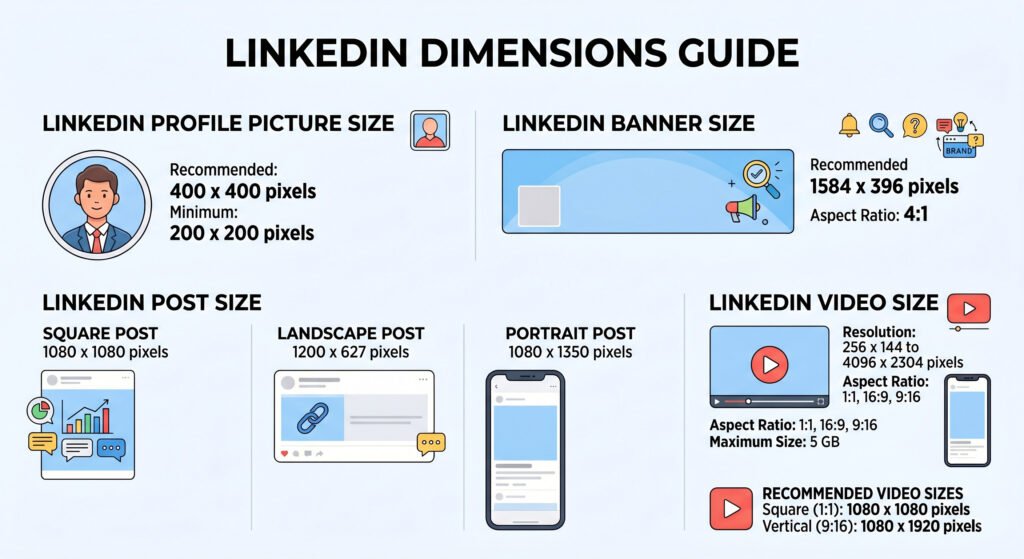 An infographic titled "LinkedIn Dimensions Guide" detailing recommended pixel sizes and aspect ratios for profile pictures, banners, posts, and videos.