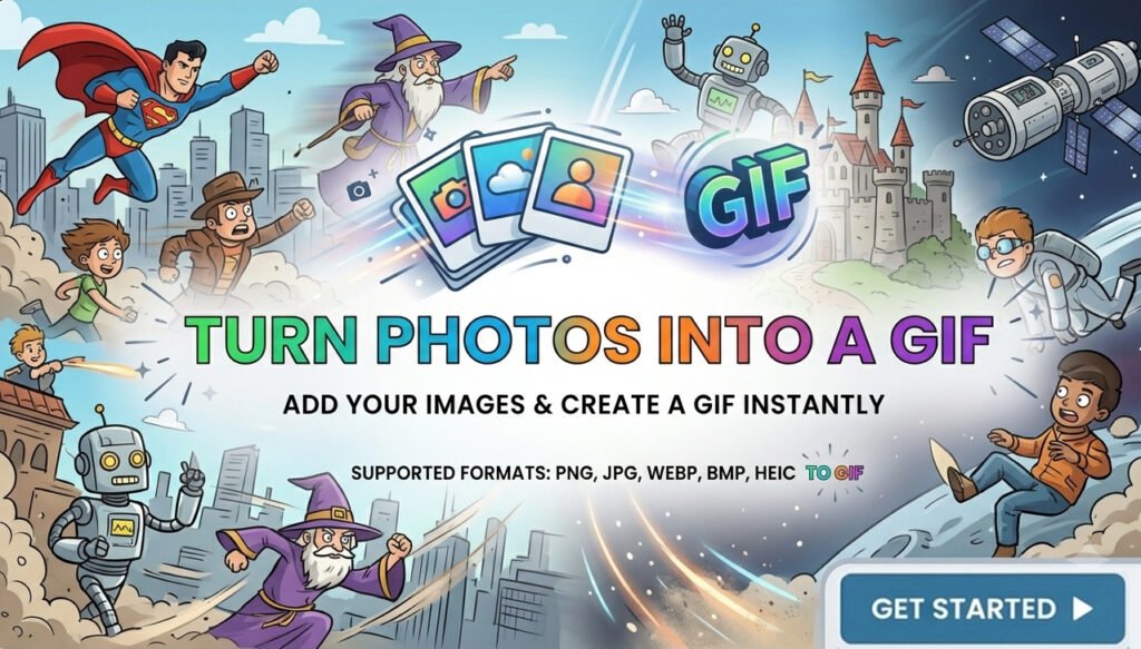Photos to gif converter banner with cartoons in the background