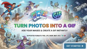 Photos to gif converter banner with cartoons in the background