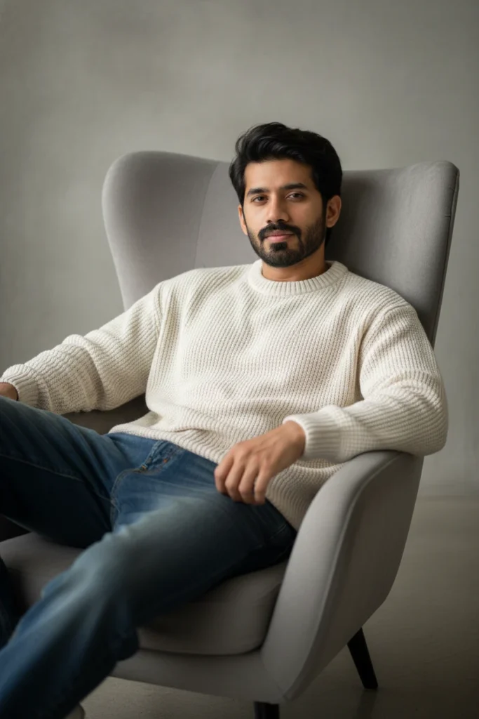 A bearded man with dark hair is sitting in a grey armchair. He is wearing a textured white sweater and blue jeans.AI Prompts for LinkedIn Profile Picture