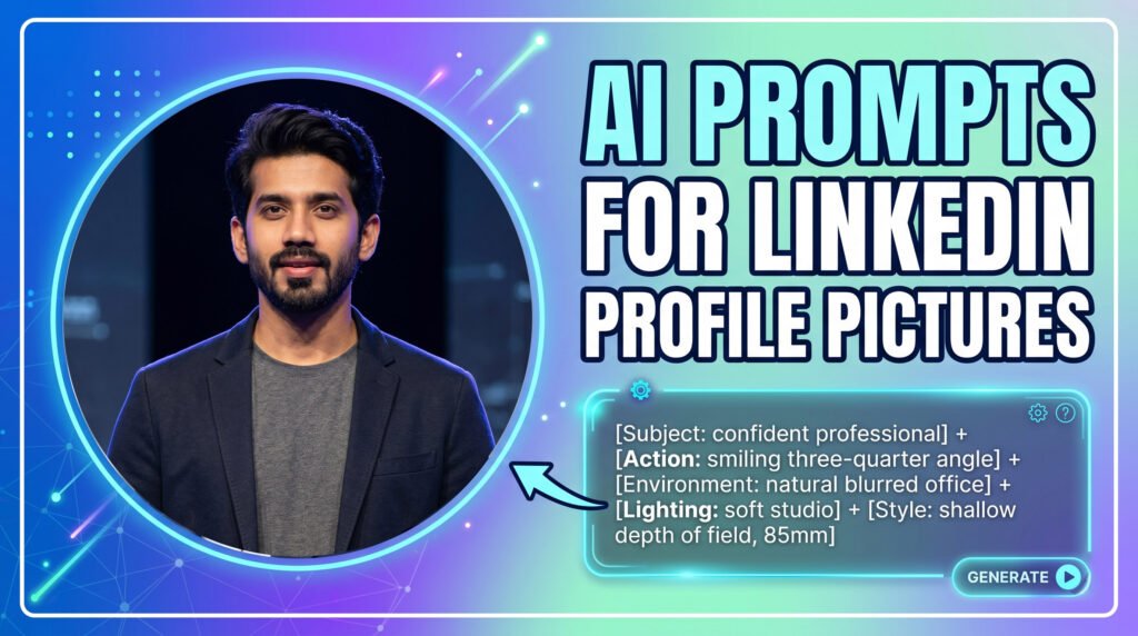 A digital banner titled "AI PROMPTS FOR LINKEDIN PROFILE PICTURES" featuring a professional headshot of a smiling man.