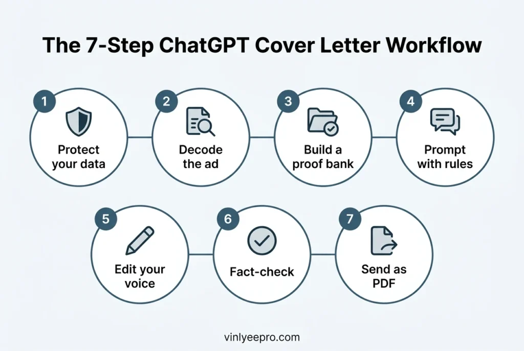 Seven-step ChatGPT cover letter workflow from protecting your data to sending a PDF
