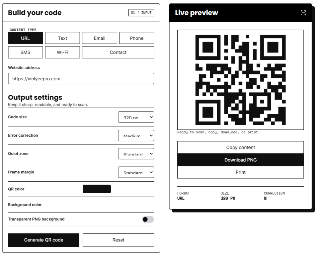 Vinlyee Pro URL to QR code generator with a link pasted in