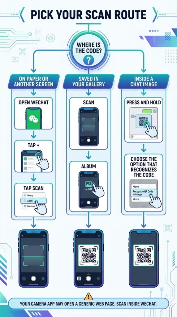 An infographic flowchart detailing three different methods for scanning a QR code using the WeChat app.